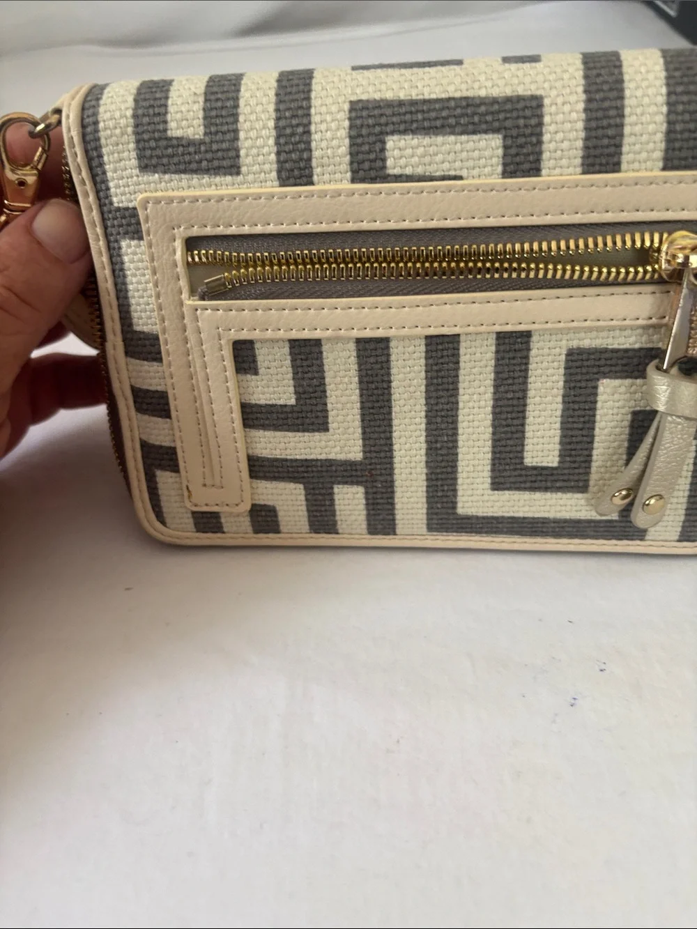 Spartina 449 Cream and Gray Geo-Pattern Wristlet with Metallic Flap